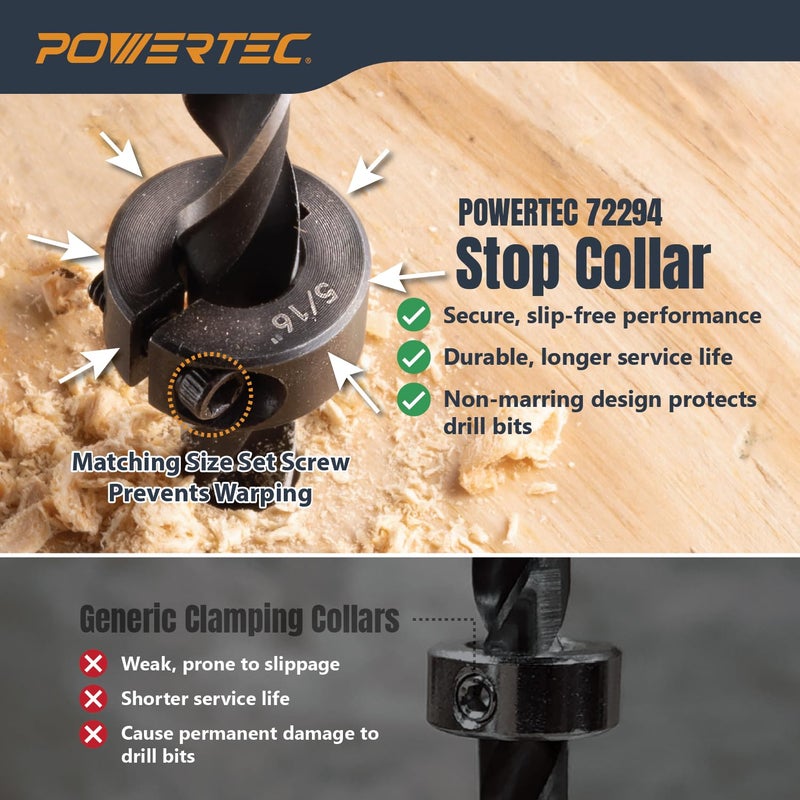 POWERTEC Drill Bit Stop Collar Set, 7 Piece Set Adjustable Drill Bit Depth Stopper with Allen Wrench, Bits Stop with Imperial System Size Markings - 1/8", 3/16", 1/4", 5/16", 3/8", 7/16", 1/2â€ (71491) - Image 3